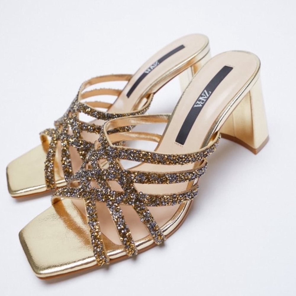 Zara Gold Sparkly Metallic Heeled Sandals